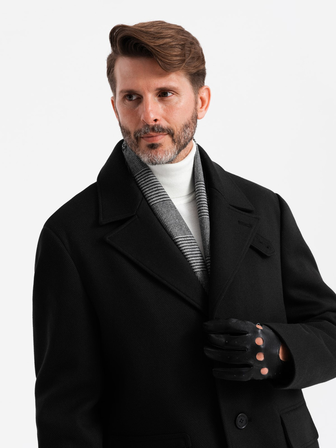 Men's single-breasted patterned coat with pockets - black V2 OM-COWC-0108