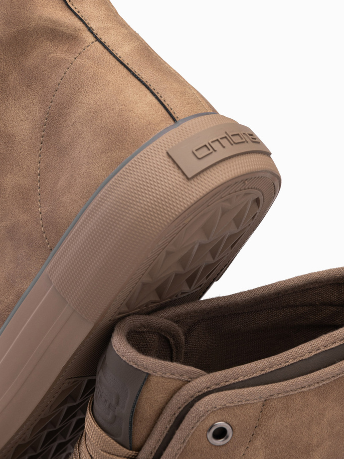 Męskie wysokie buty trampki z dekoracyjną lamówką – brązowe V2 OM-FOTH-0158