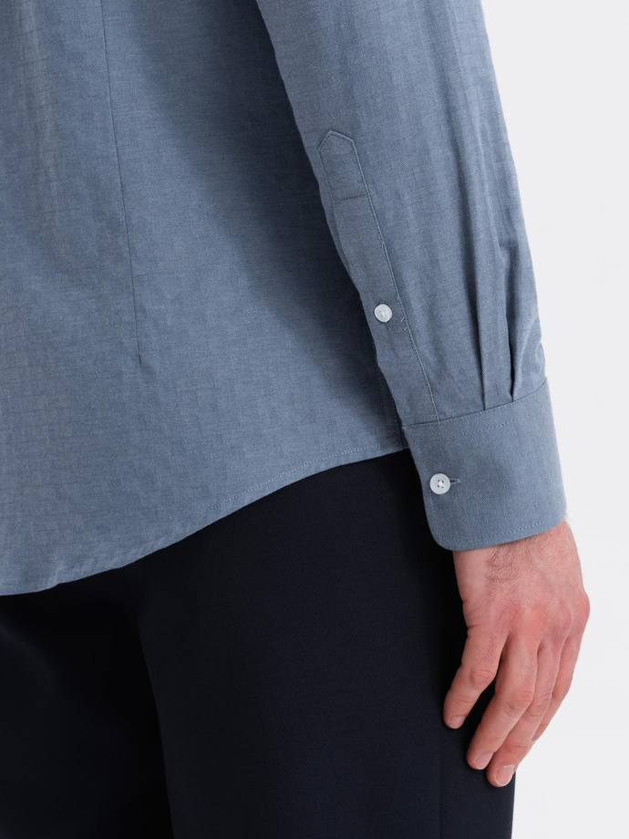 Męska koszula SLIM FIT z ozdobnej tkaniny z kieszonką – niebieska V1 OM-SHCS-0174