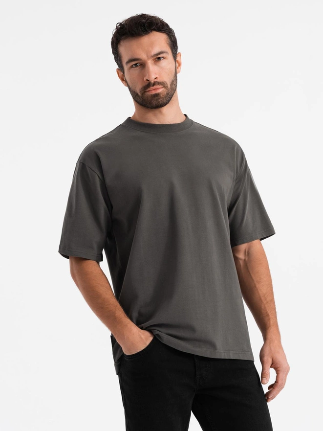 Men's LOOSE FIT cotton t-shirt with round neckline - gray-green V3 OM-TSBC-0234