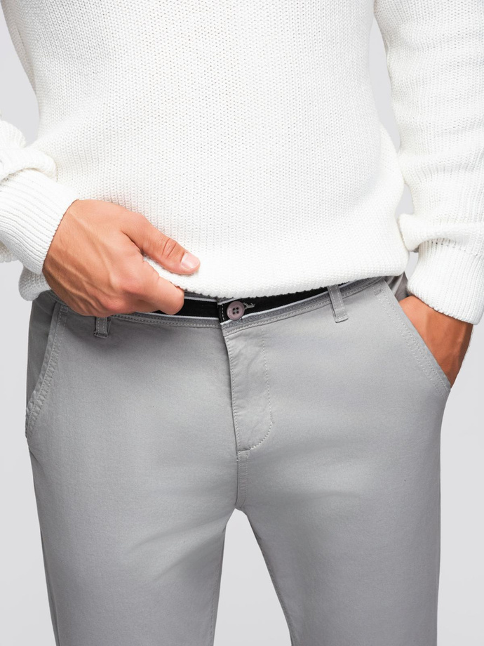 Spodnie męskie chino z ozdobną taśmą w pasie SLIM FIT – szare V6 OM-PACP-0118