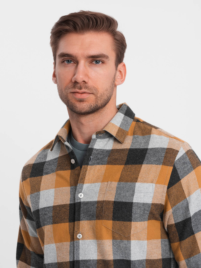 Flanelowa koszula męska w kratę - żółto-czarna V2 OM-SHCS-0150