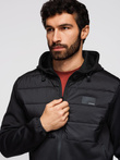 Men's lightweight jacket of combined materials with hood and decorative quilting - black V5 OM-JANP-0160 
