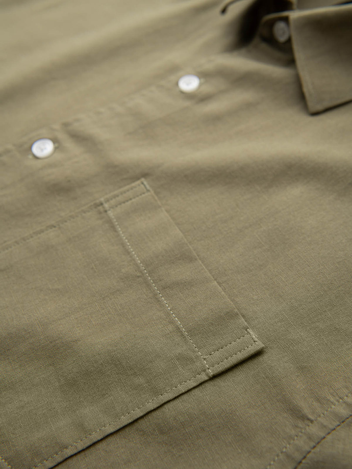 Men's short sleeve cotton and linen shirt with pocket - olive V6 OM-SHSS-0167