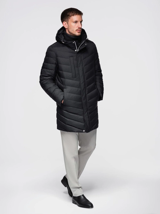 Men's long quilted jacket with natural filling - black V1 OM-JALJ-0212