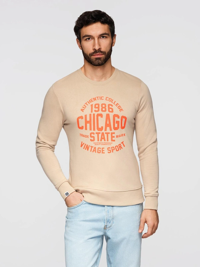 Men's unbuttoned sweatshirt with collegiate print - sand V1 OM-SSPS-0154