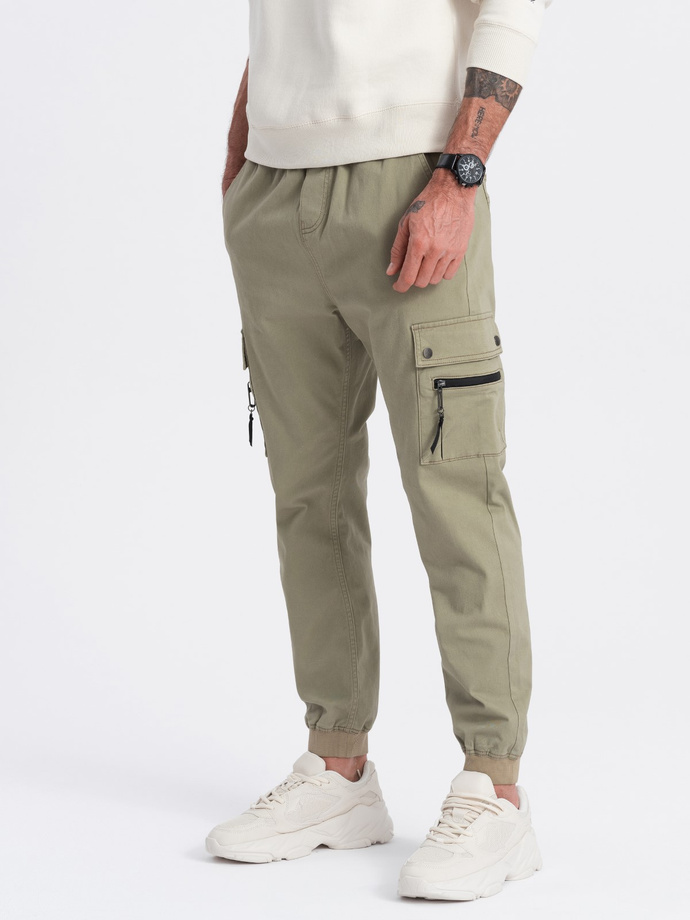 Men's JOGGER pants with zippered cargo pockets - khaki V1 OM-PAJO-0125