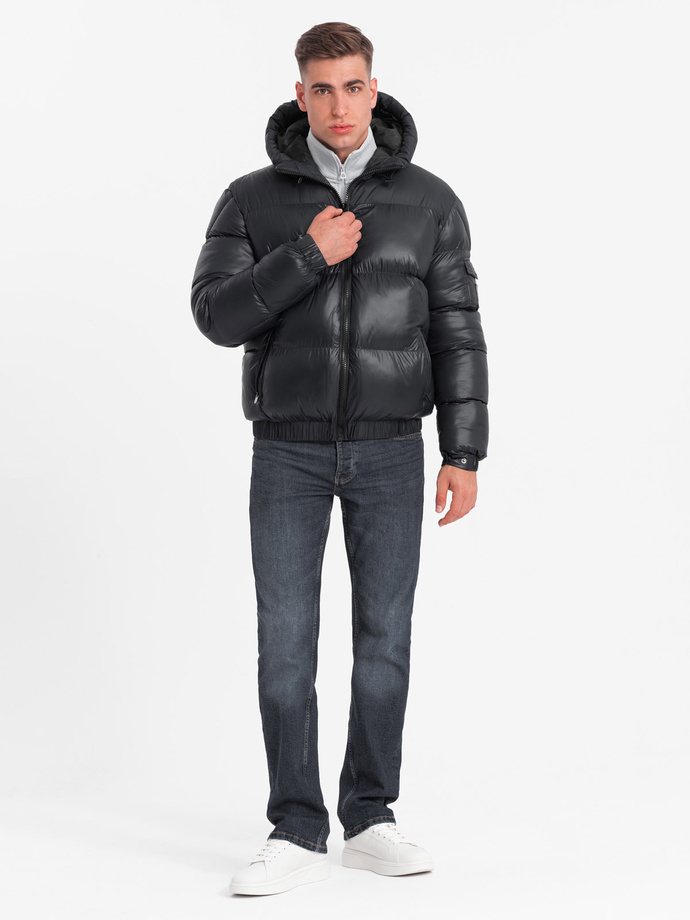Men's warm puffer jacket with welts - black V1 OM-JAHP-0207