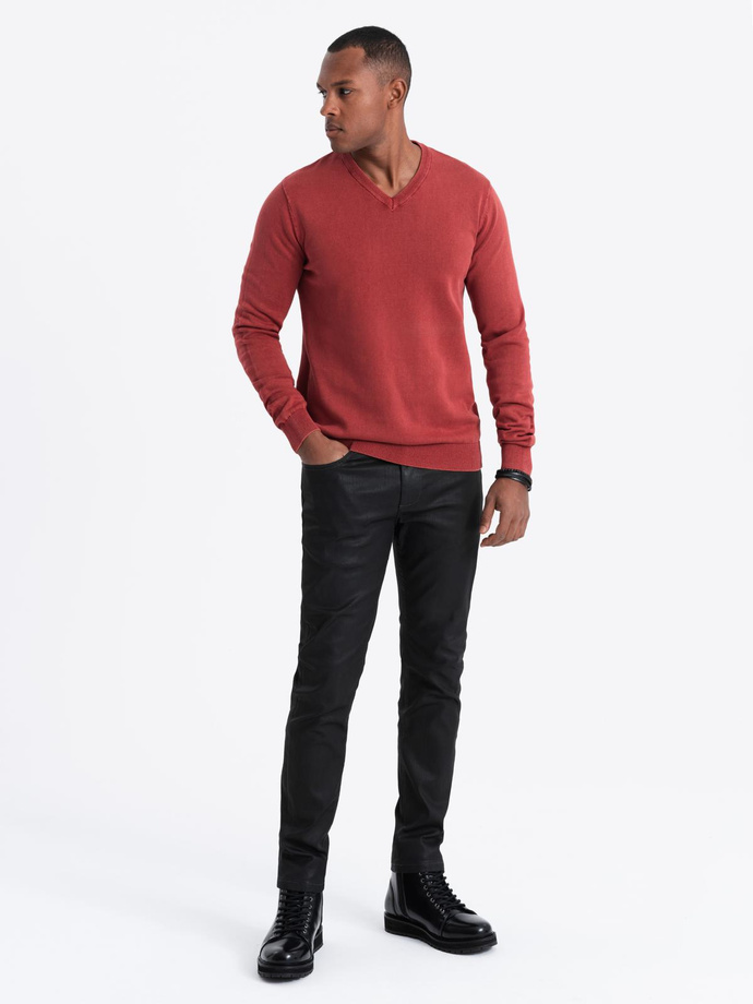 Men's wash sweater with v-neck - red V3 OM-SWOS-0108