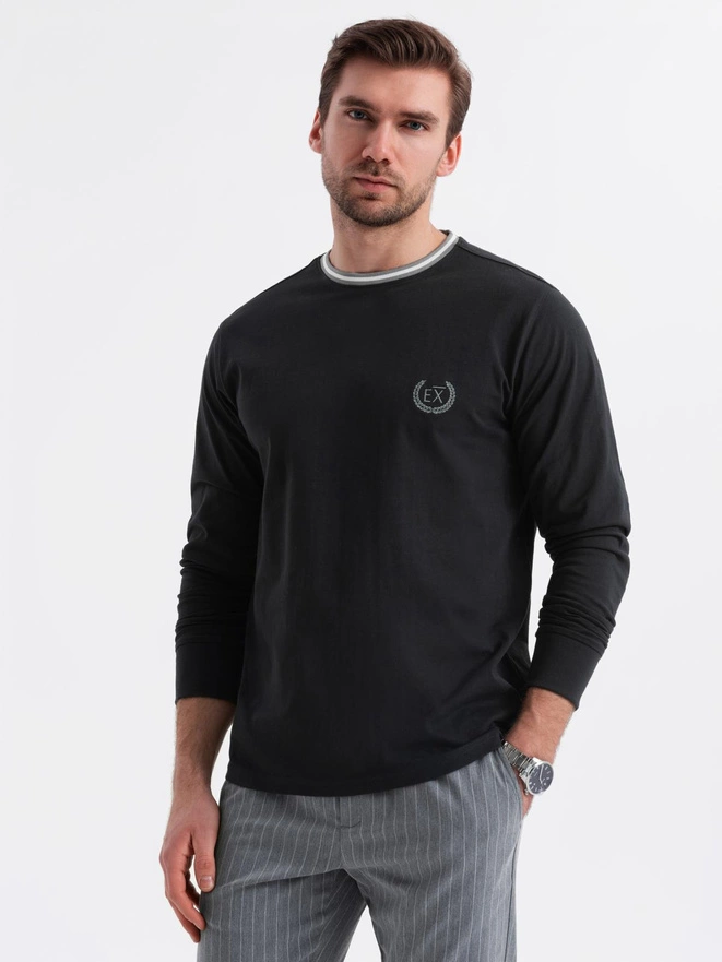 Men's cotton longsleeve with striped U neckline and embroidery - black V4 OM-LSCL-0128