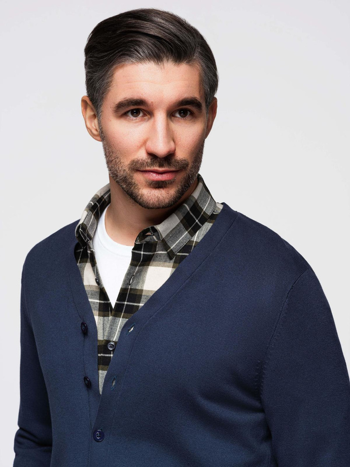 Knitted monochrome men's viscose cardigan - navy blue V1 OM-SWCD-0126