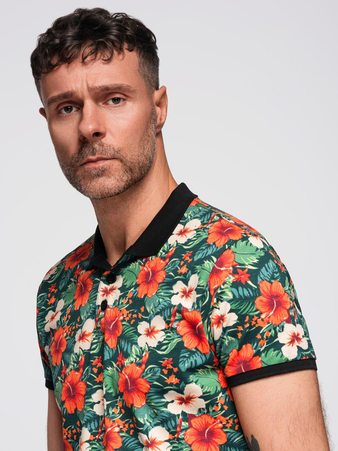 Polo koszulka bawełniana z nadrukiem w kwiaty – czarna V2 OM-POSS-0149