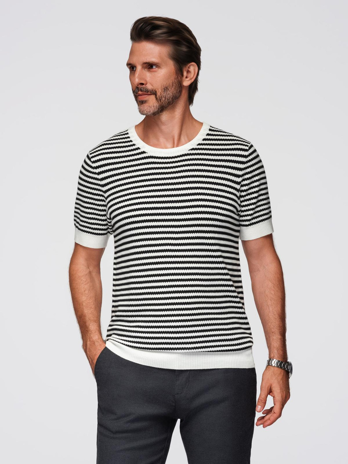 Dzianinowy t-shirt męski w marynarskie paski z ażurowym splotem – czarno-biały V1 OM-TSCT-0255