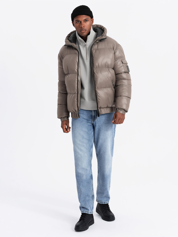 Warm men's puffer jacket with welts - dark beige V3 OM-JAHP-0207