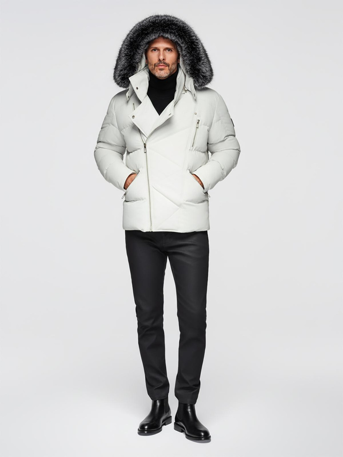 Men's quilted jacket with hooded ramonesque cut - light grey V4 OM-JAHP-0252