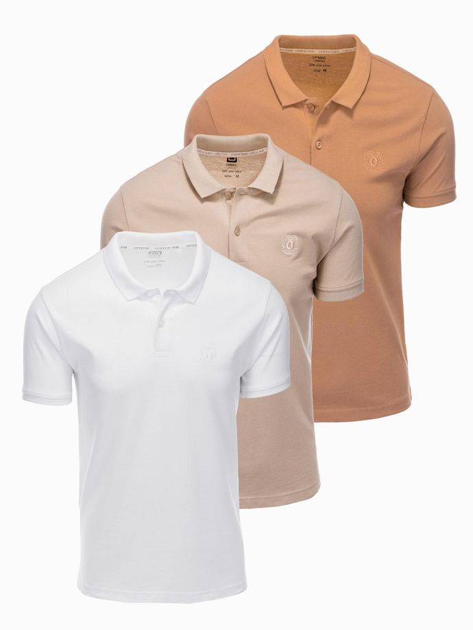 Komplet bawełnianych t-shirtów męskich polo BASIC – biały/cielisty/jasnobrązowy V6 OM-POBS-0133