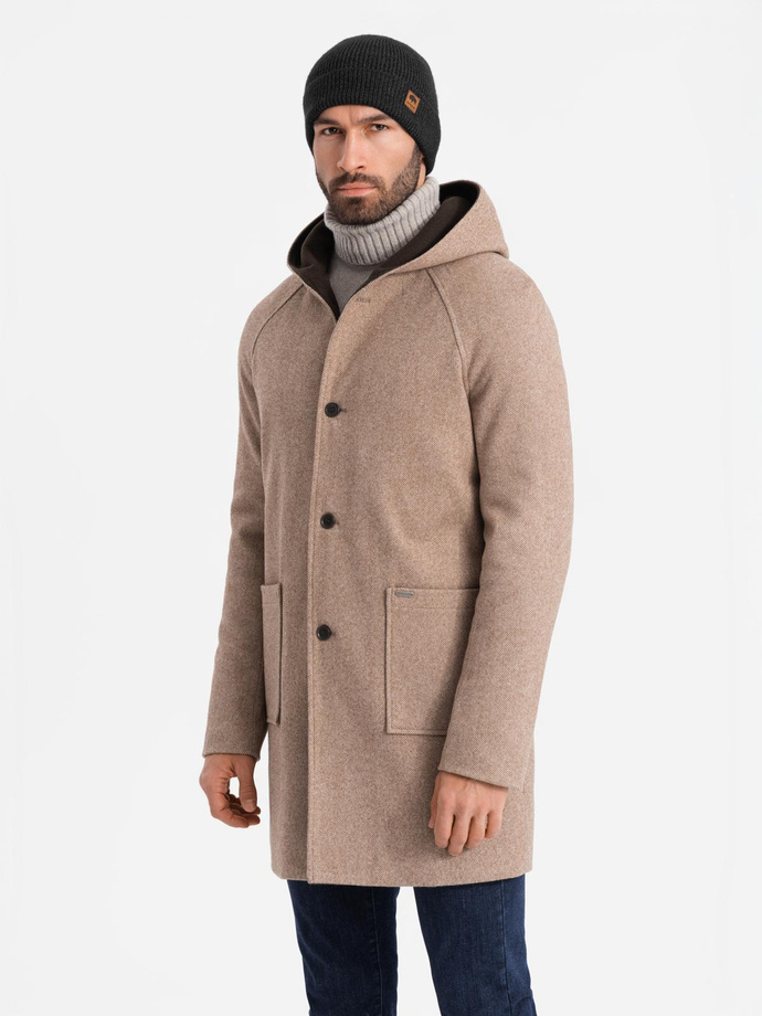 Melange long men's hooded coat - beige V2 OM-COWC-0122
