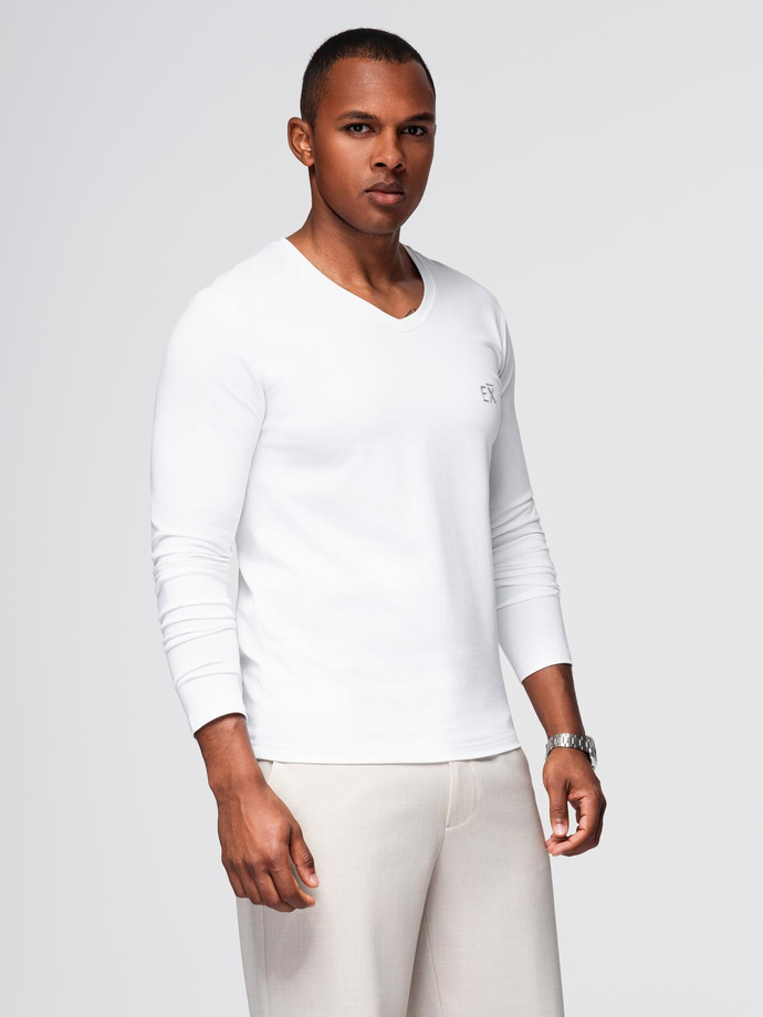 Men's V-neck SLIM FIT longsleeve with elastane and print - white V2 OM-LSBC-0123