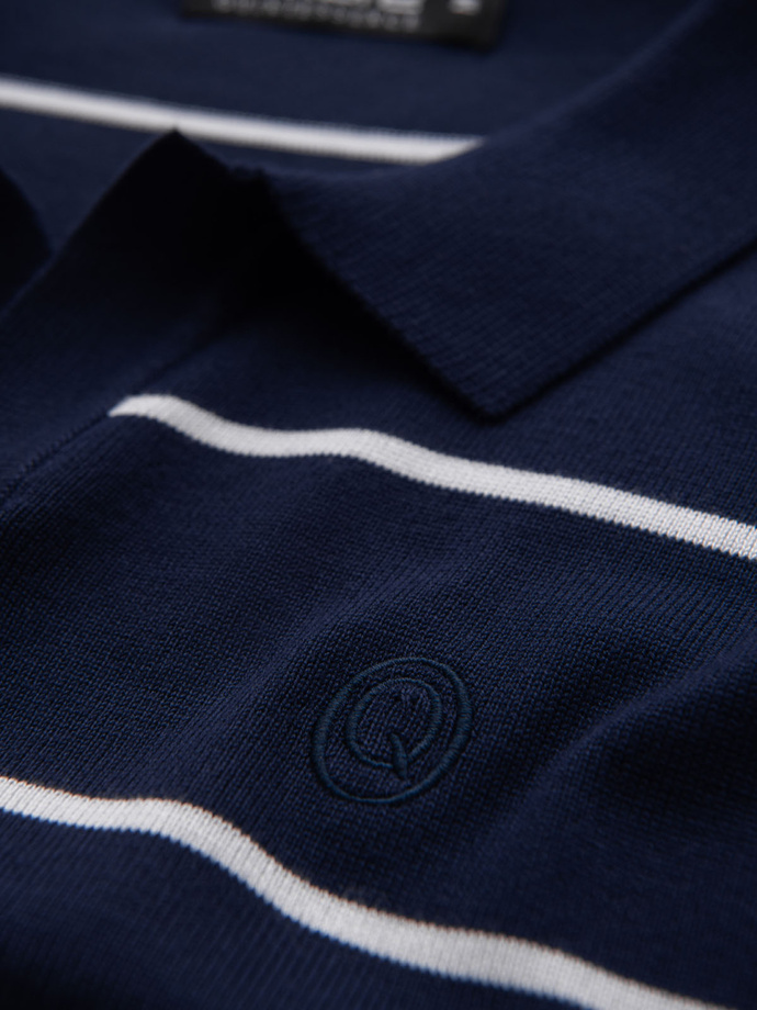 Men's horizontal striped polo shirt with viscose - navy blue and white V1 OM-POSS-0145