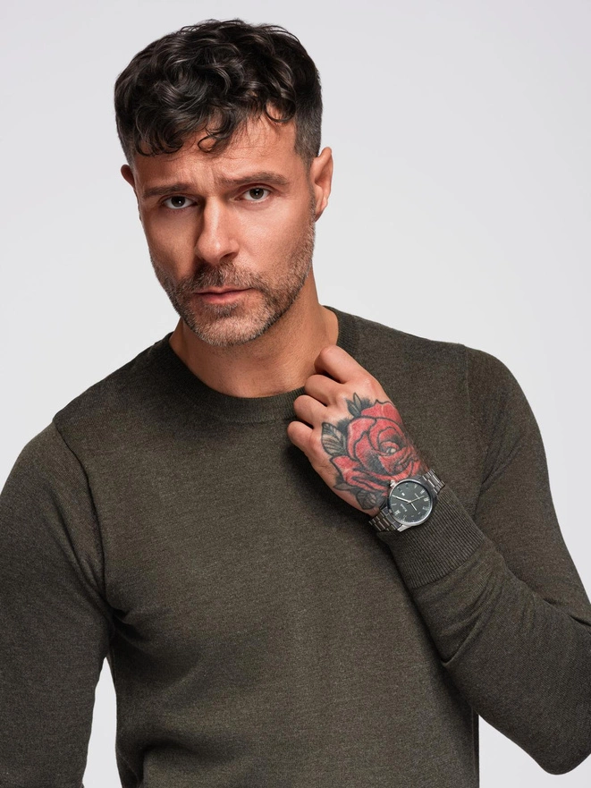 Men's BASIC viscose classic sweater with round neckline - olive melange V17 OM-SWBS-0106