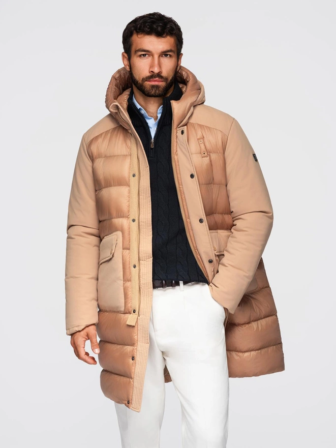 Men's long quilted jacket with large pockets - beige V2 OM-JALJ-0308