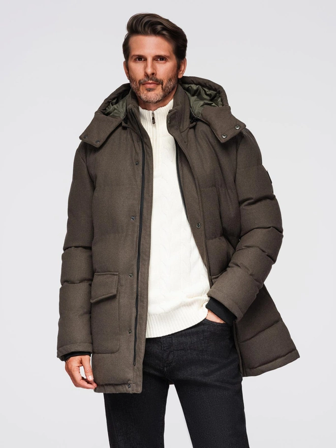 Men's long warm parka jacket with wool - dark grey melange V4 OM-JALJ-0217