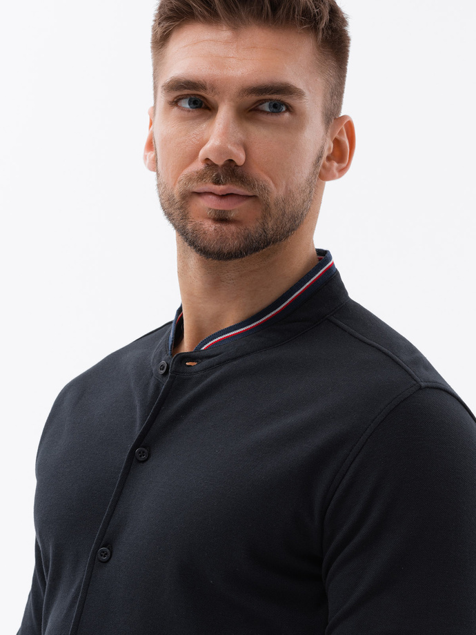 Bawełniana koszula męska SLIM FIT ze stójką w kolorowe paski – czarna V4 OM-SHCS-0178