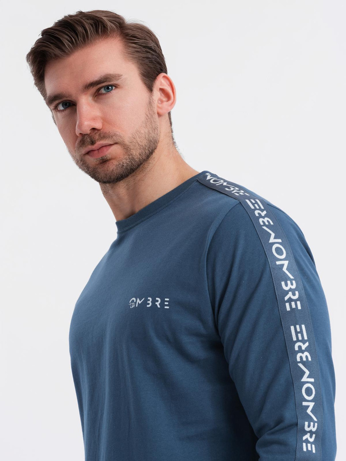Men's cotton U-neck longsleeve with piping and chest print - dark blue V1 OM-LSCL-0127
