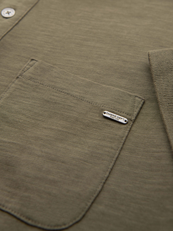 Koszulka polo klasyczna z bawełnianej dzianiny – ciemnooliwkowa V5 OM-POWS-0142