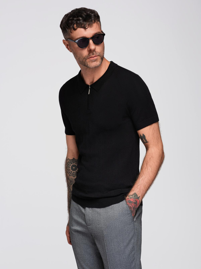 Men's openwork polo shirt with zipper at neckline - black V2 OM-POSS-0158