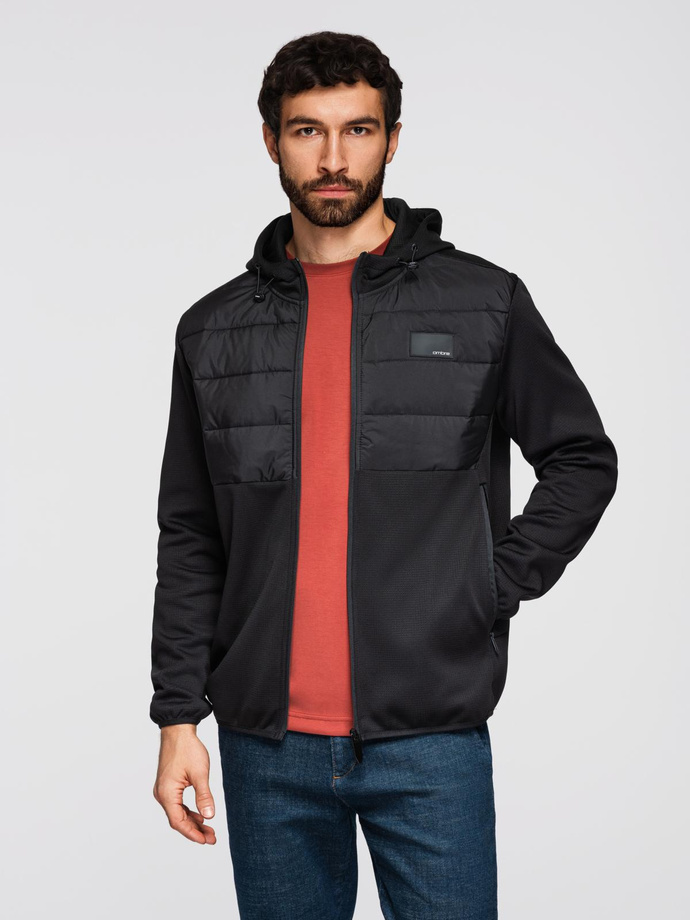 Men's lightweight jacket of combined materials with hood and decorative quilting - black V5 OM-JANP-0160