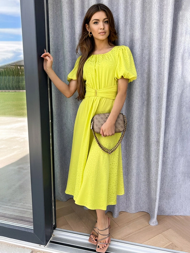 Women's midi dress with sleeves and round neckline elegant ELIA DLR200 - lime green