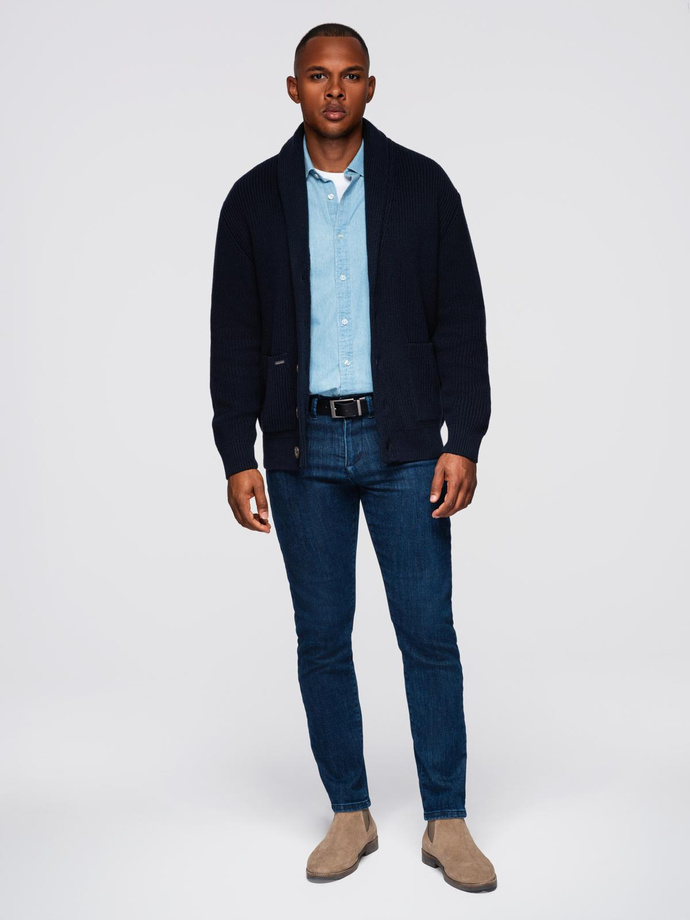 Men's cotton cardigan sweater with shawl collar - navy blue V1 OM-SWCD-0153