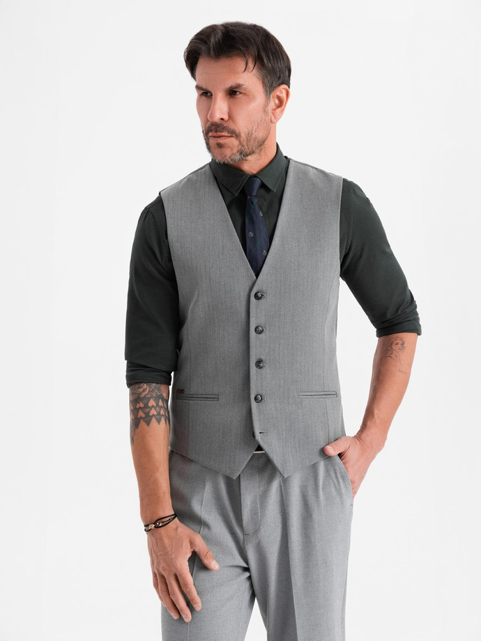 Elegancka męska kamizelka w jodełkę SLIM FIT  - szara V1 OM-BLZV-0143