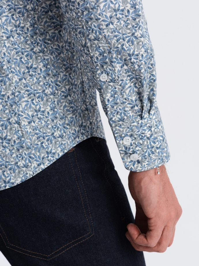 Koszula męska SLIM FIT w print drobnych liści - jasnoniebieska V1 OM-SHPS-0163