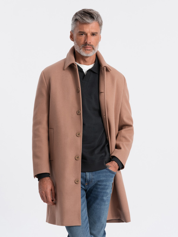 Single-breasted men's long coat with collar and bolster - brown V2 OM-COWC-0106