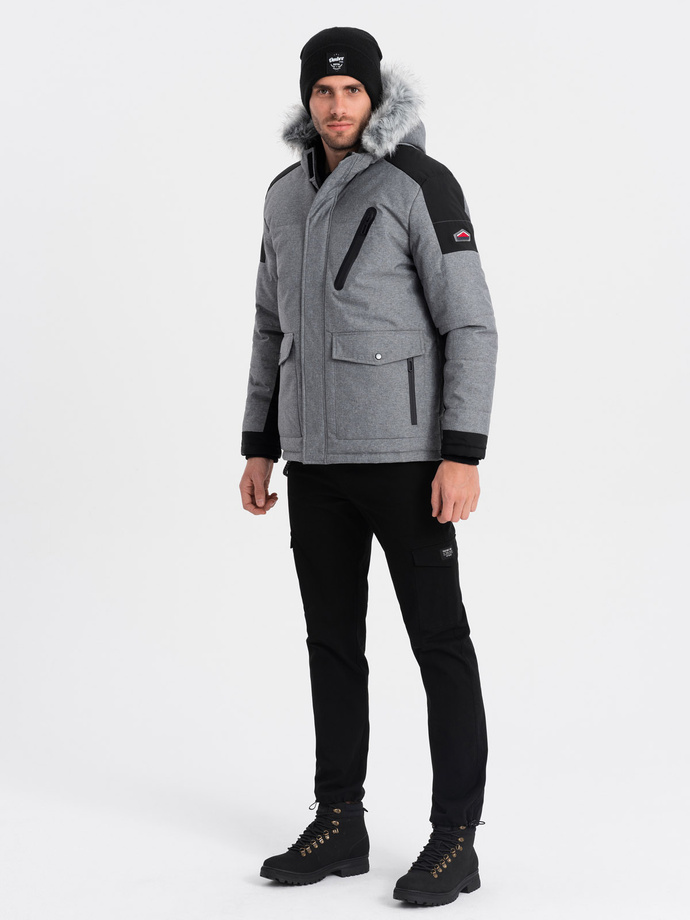 Men's winter jacket with adjustable hood with detachable fur - grey and black V1 OM-JAHP-0144