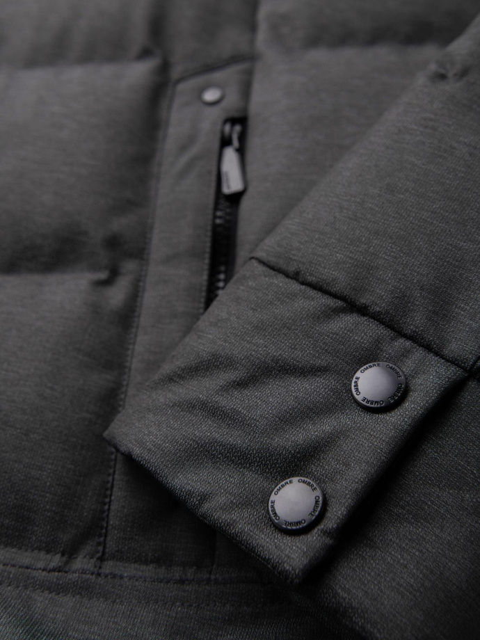 Men's long quilted jacket with hood - grey V2 OM-JALJ-0264