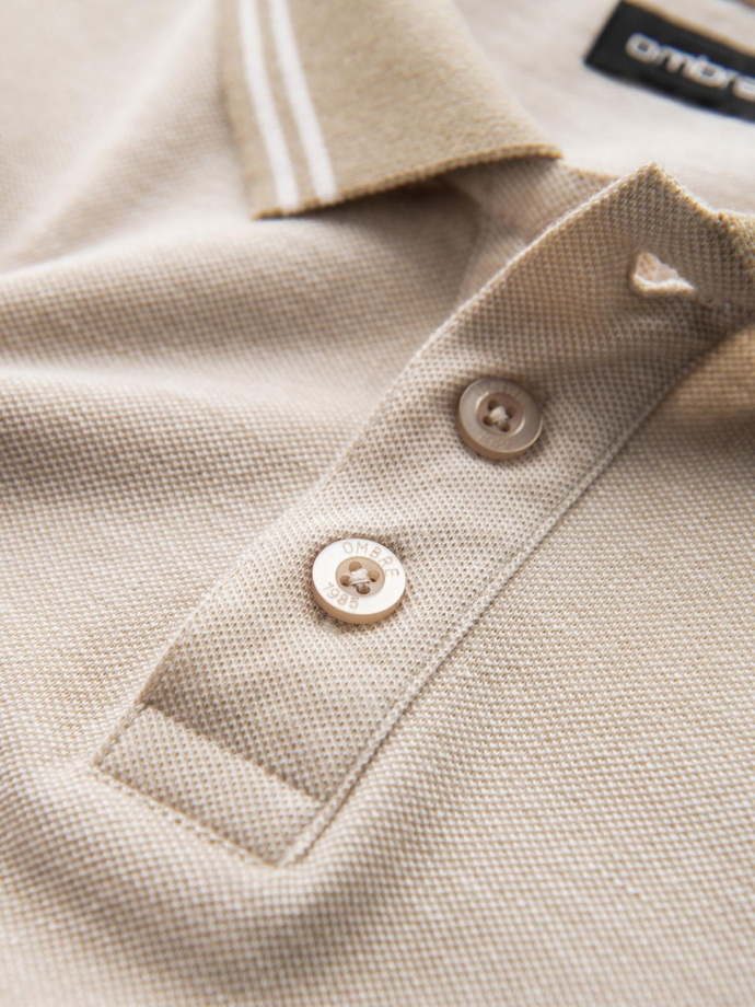 Melanżowy męski polo longsleeve z haftem – piaskowy melanż V4 OM-POLS-0129