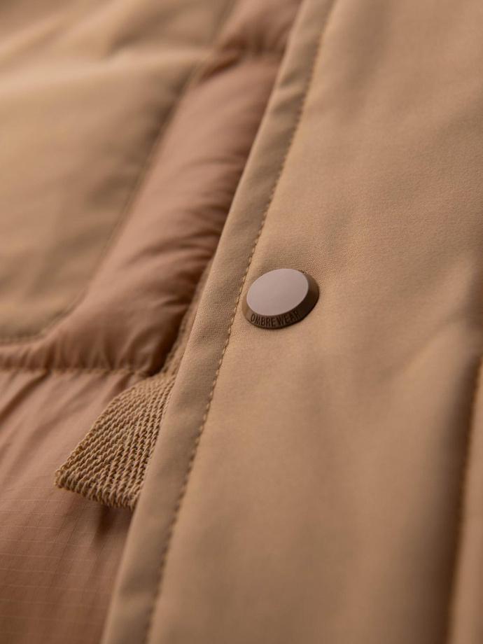 Men's long quilted jacket with large pockets - beige V2 OM-JALJ-0308
