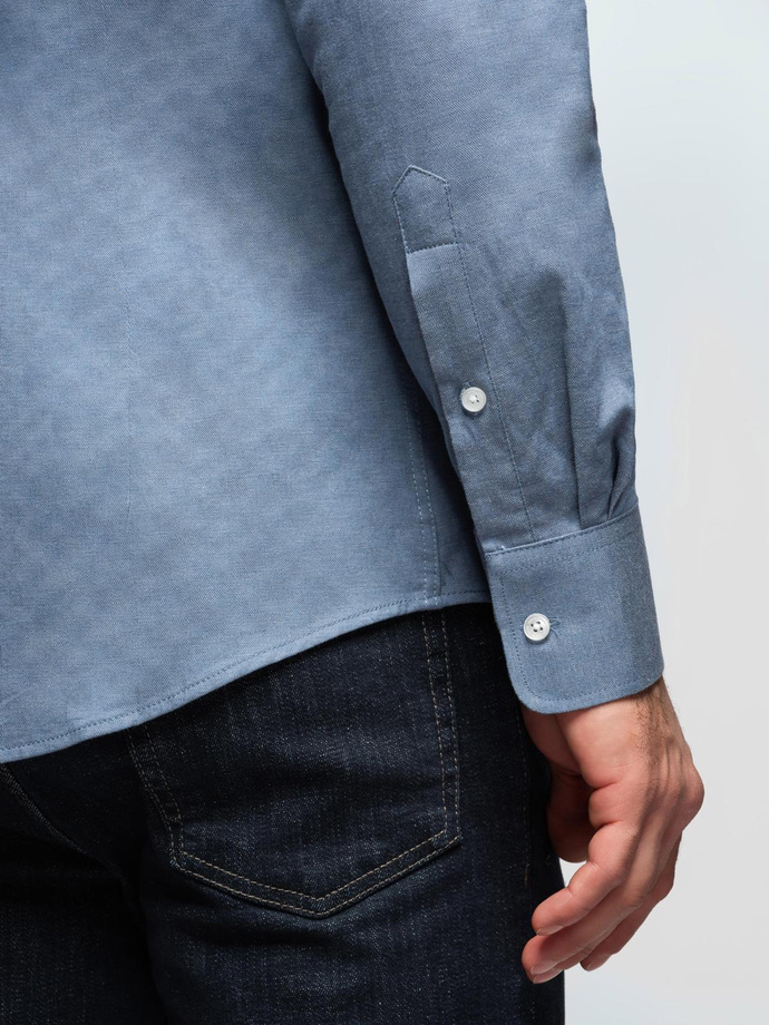Męska koszula SLIM FIT z ozdobnej tkaniny z kieszonką – niebieska V1 OM-SHCS-0174