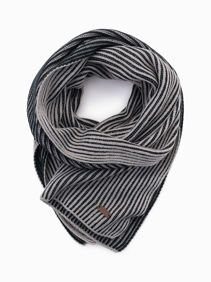 Men's knitted scarf with two-tone stripes - grey and black V1 OM-ACSF-0114