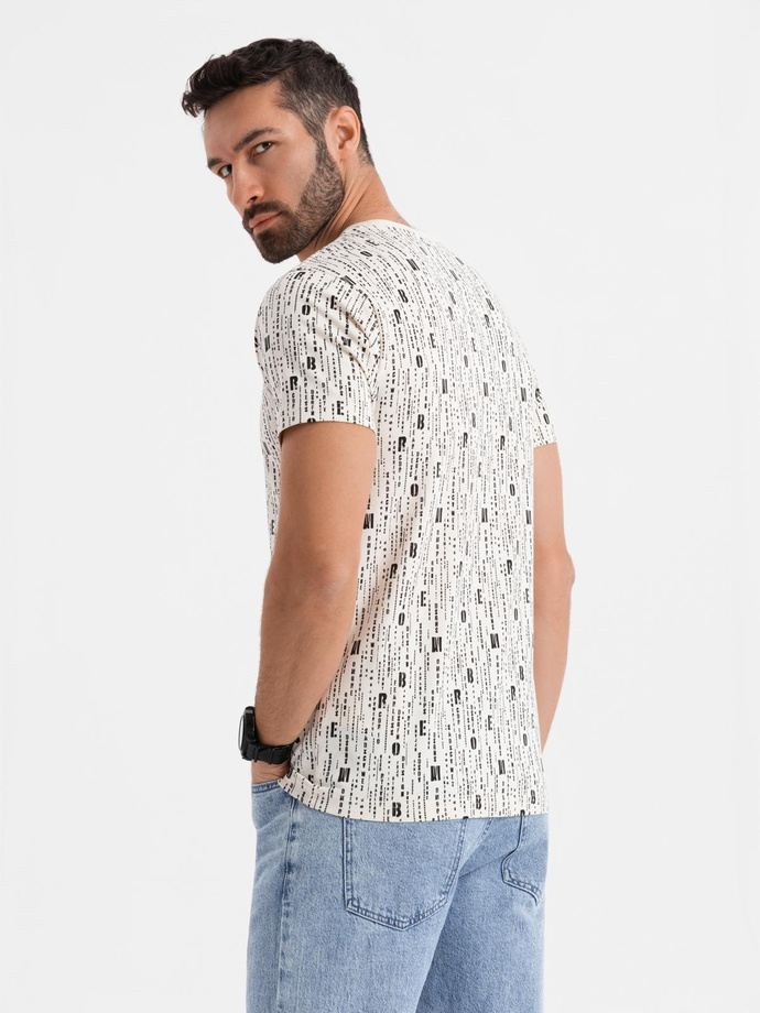 Printed cotton T-shirt with round neckline - cream V1 OM-TSFP-0225