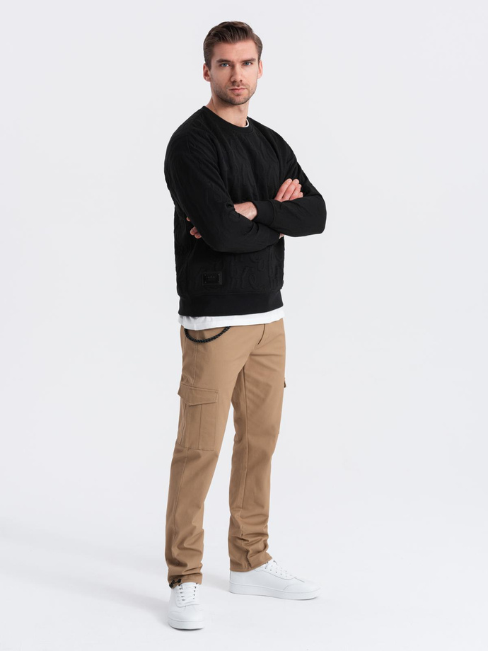 Spodnie męskie z kieszeniami cargo i ściągaczem na dole nogawki - ciepło-brązowe V2 OM-PACG-0189