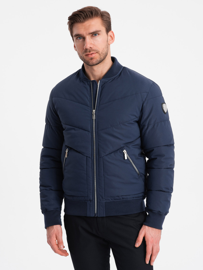Men's quilted bomber jacket with metal zippers - navy blue V2 OM-JALP-0143