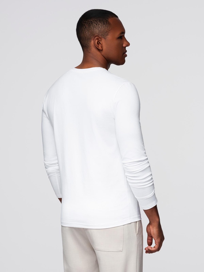 Męski longsleeve V-neck SLIM FIT z elastanem i printem – biały V2 OM-LSBC-0123