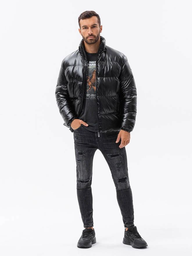 Kurtka męska zimowa puffer błyszcząca - czarna V1 C545
