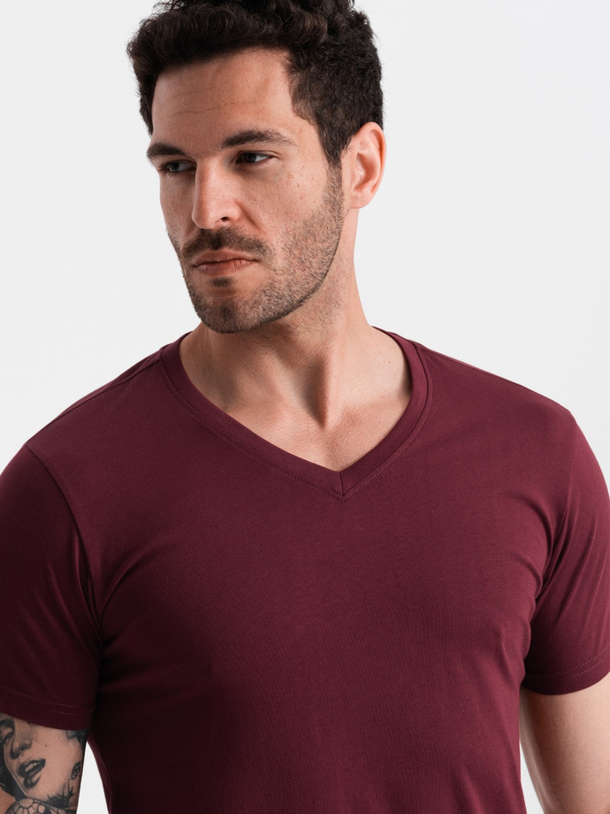 BASIC men's cotton classic tee shirt with a v-neck - maroon V10 OM-TSBS-0145