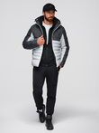 Men's quilted jacket with detachable hood - graphite and white V3 OM-JALP-0206