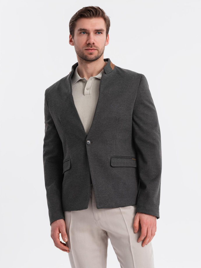 Men's melange rayon jacket with stand-up collar - black melange V5 OM-BLZB-0131